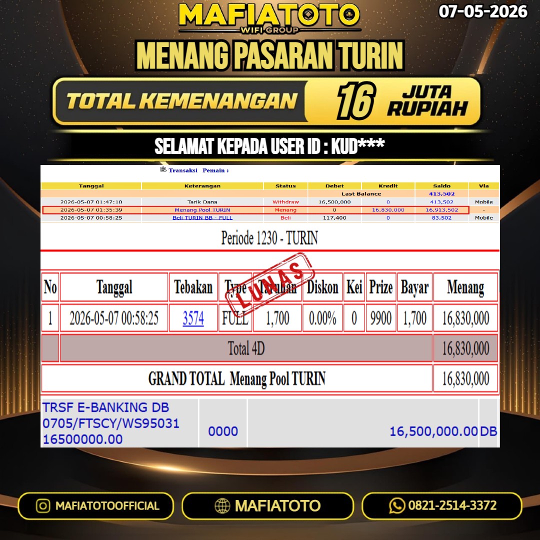 MAFIATOTO JACKPOT TOGEL PASARAN TURIN RP.16.000.000. - LUNAS ID : KUD***