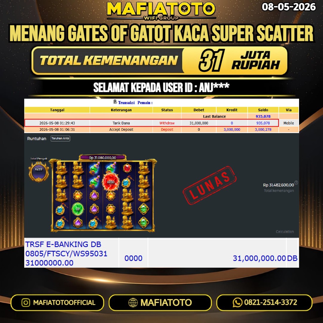 MAFIATOTO JACKPOT SLOT GATES OF GATOT KACA SUPER SCATTER RP.31.000.000 - LUNAS ID : ANJ***