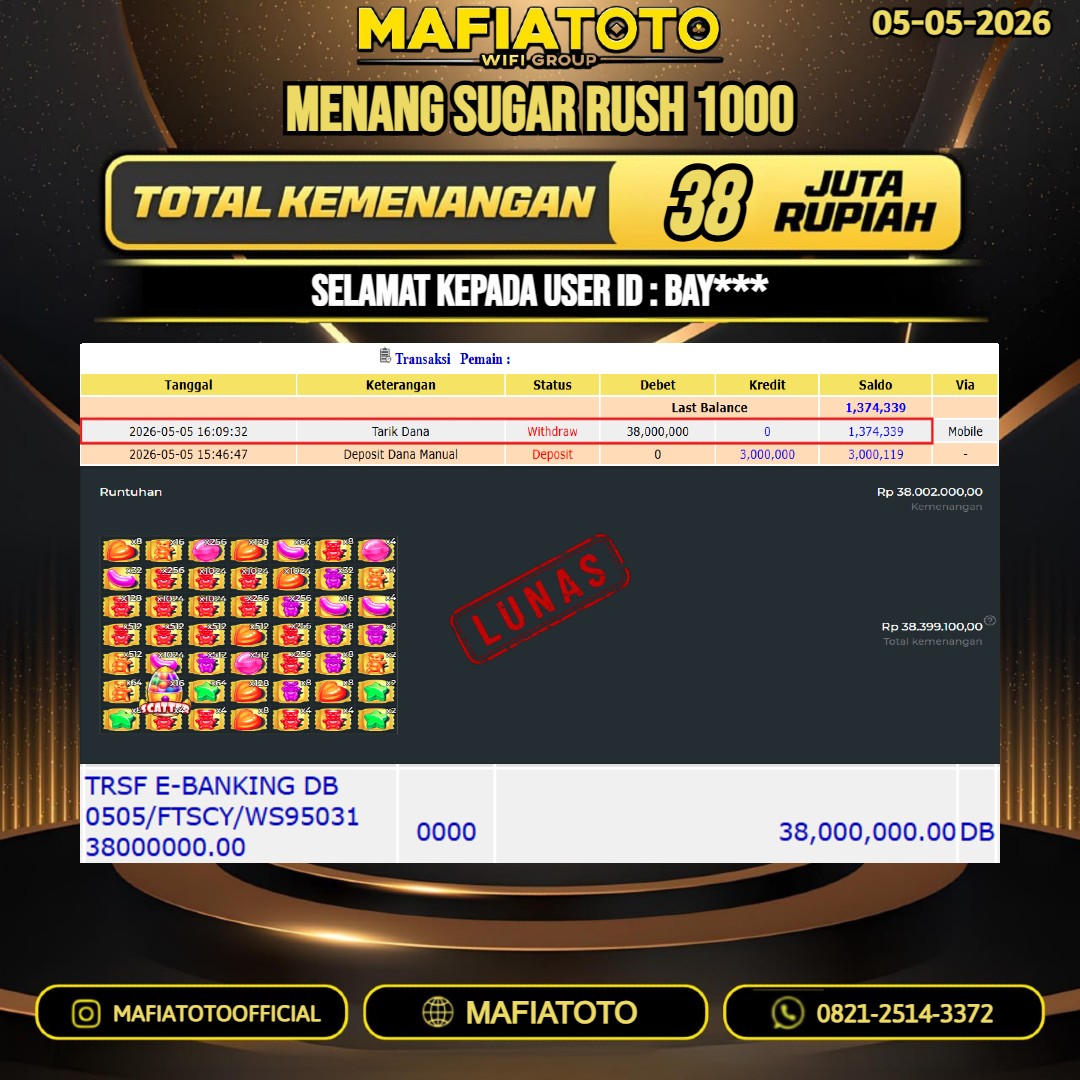 MAFIATOTO JACKPOT SLOT SUGAR RUSH 1000 RP. 38.000.000 - LUNAS ID : BAY**