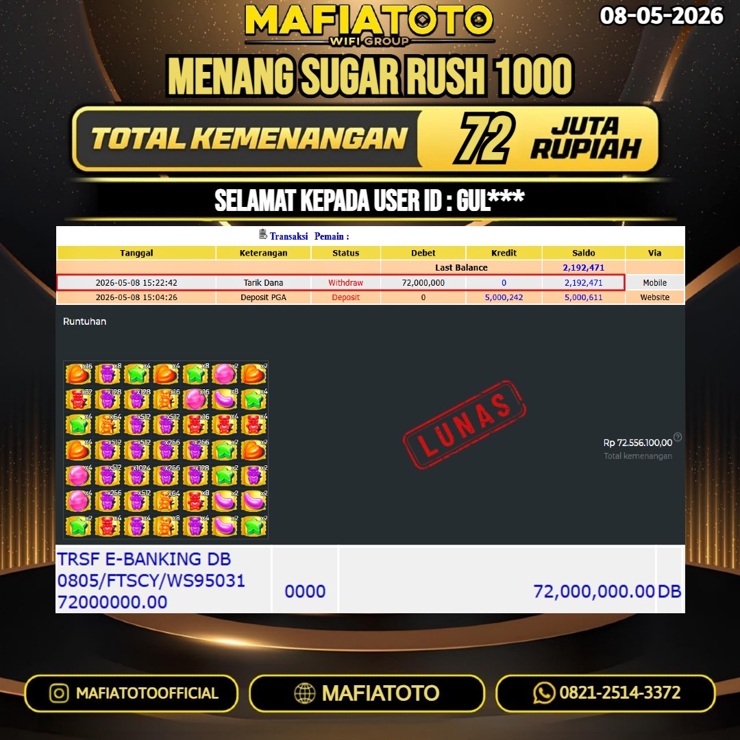 MAFIATOTO JACKPOT SLOT SUGAR RUSH 1000 RP.72.000.000 - LUNAS ID : GUL***