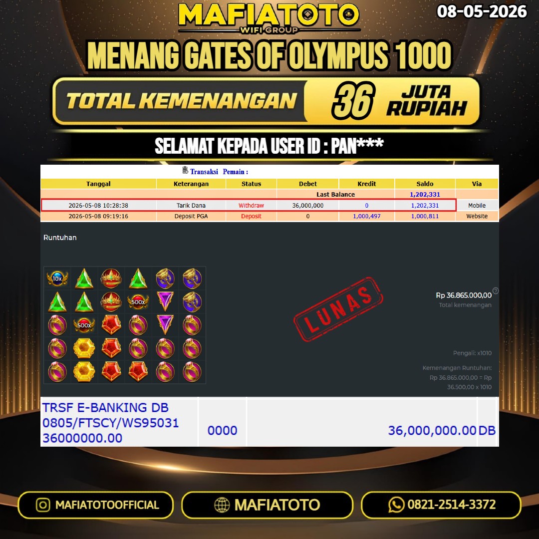 MAFIATOTO JACKPOT SLOT GATES OF OLYMPUS 1000 RP.36.000.000 - LUNAS ID : PAN***