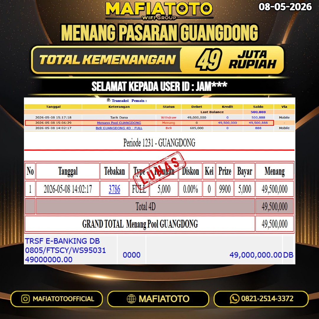 MAFIATOTO JACKPOT TOGEL PASARAN GUANGDONG RP.49.000.000. - LUNAS ID : JAM***