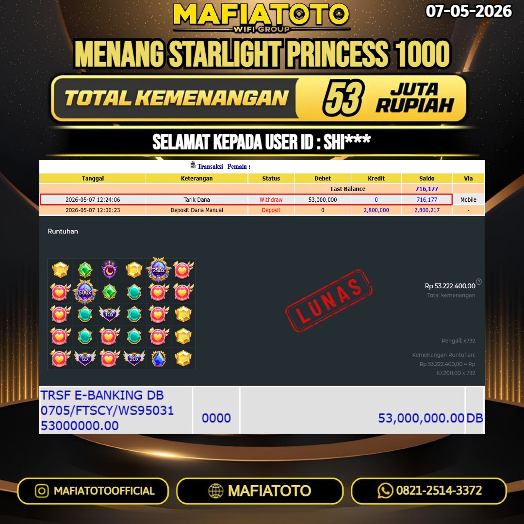 MAFIATOTO JACKPOT SLOT STARLIGHT PRINCESS 1000 RP.53.000.000 - LUNAS ID : SHI***