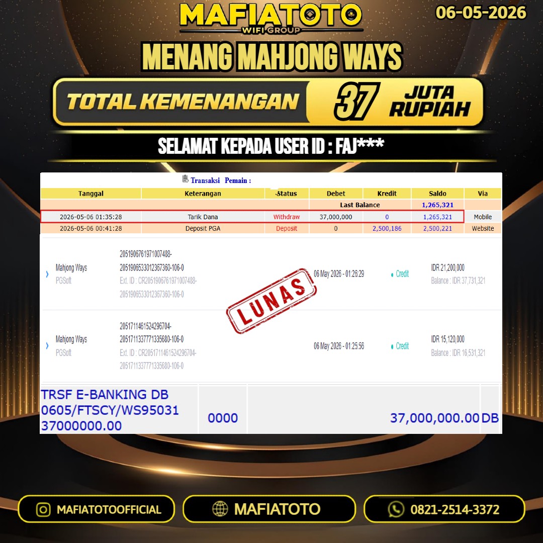 MAFIATOTO JACKPOT SLOT MAHJONG WAYS RP. 37.000.000 - LUNAS ID : FAJ**