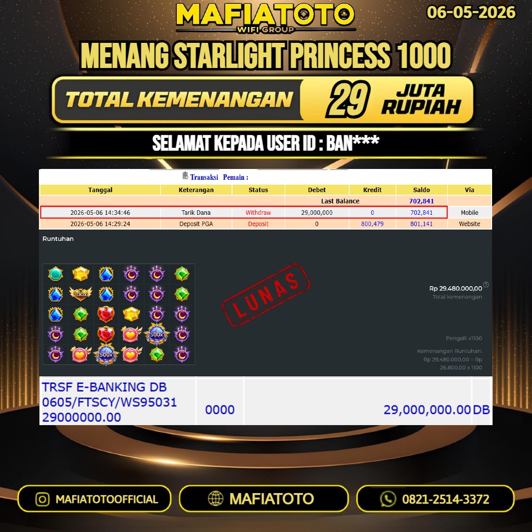 MAFIATOTO JACKPOT SLOT STARLIGHT PRINCESS 1000 RP.29.000.000 - LUNAS ID : BAN**
