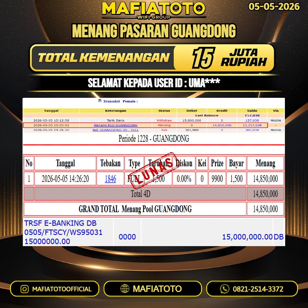 MAFIATOTO JACKPOT TOGEL PASARAN GUANGDONG RP. 15.000.000. - LUNAS ID :  UMA***