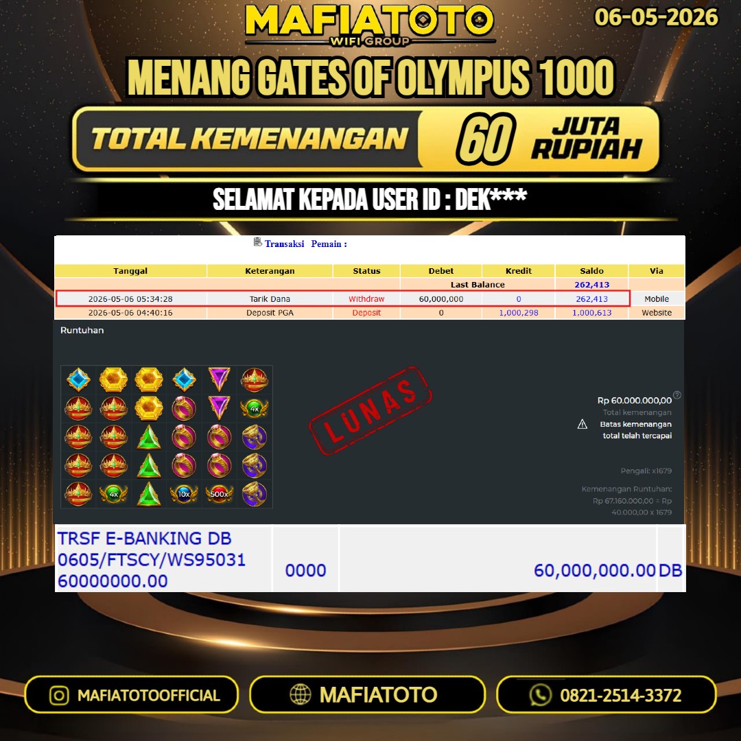MAFIATOTO JACKPOT SLOT GATES OF OLYMPUS 1000 RP. 60.000.000 - LUNAS ID : DEK**